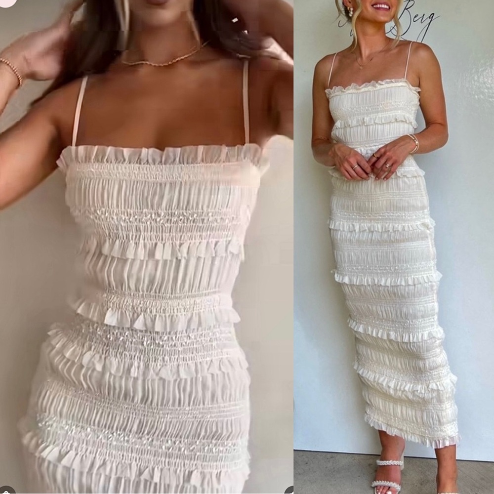 White ruched smocked midi maxi ruffle tiered dress